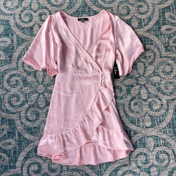 Lulus Pink Satin Wrap Mini Dress‎ - Size M - Picture 2 of 8
